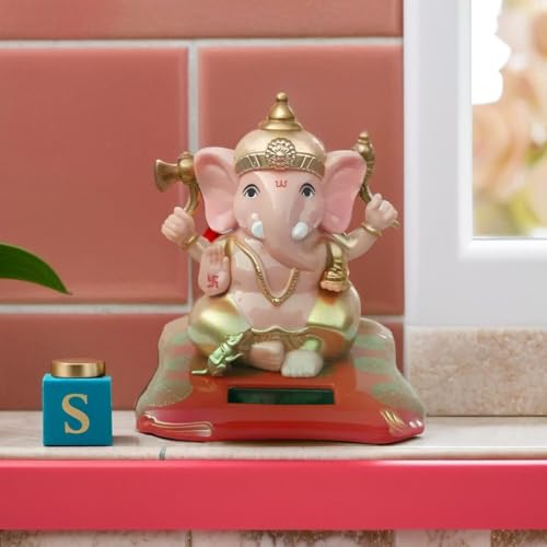 Image of Solar Powered Ganesha Idol with Moving Hand, Red and Gold, Plastic Made, for Car Dashboard or Home Office Decor Gifting