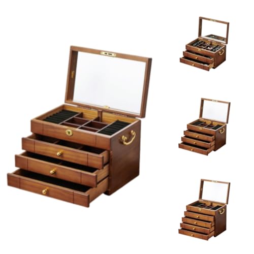 TAKEYジュエリーボックス ミラー引き出し 木製 宝石箱 ジュエリーボックス多層層 アクセサリー ボックス ネックレス リング ピアス 収納 大容量 (4層の無垢材、フルロックミラースタイル、ブラックの裏地付き)