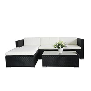 EVRE California In/Outdoor Rattan Furniture Set – Table & Sofa & Ottoman – Black