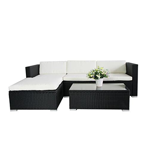 EVRE California In/Outdoor Rattan Furniture Set – Table & Sofa & Ottoman – Black