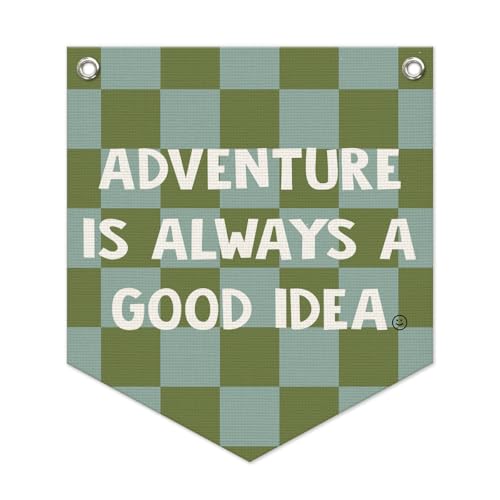 Image of Wheatwin Boys Room Decor – Adventure Linen Pennant, Sage Green Canvas Triangle Flag, Wall Hanging Banner for Toddler Boy Nursery & Playroom, 14.5x12.6 in