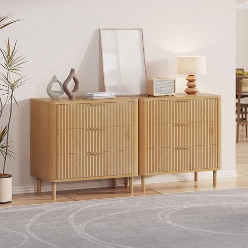 DWVO 3 Fluted Drawer Dresser Set of 2, 32.5 inch Tall and Wider Modern Dressers Chest of Drawers with Solid Wood Leg, Wood Storage Dresser Nightstand Organizer for Living Rooms,Hallways,Natural Oka
