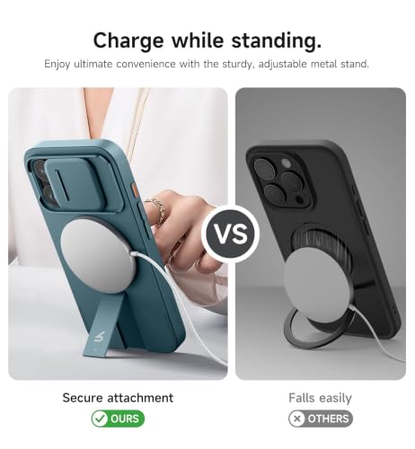 Image of SURITCH for iPhone 15 Pro Case with Magnetic Camera Slide Cover and Adjustable Kickstand, Compatible with MagSafe, Shockproof Bumper Case Slim Protective Cover 6.1 Inch, Lake Green