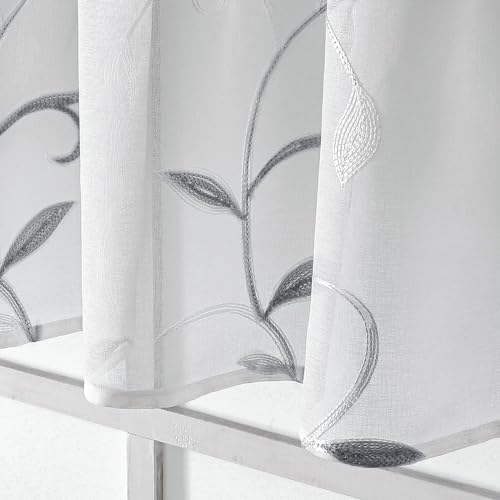 VISIONTEX Sheer Voile Curtains, Decorative Grey Leaves Embroidery Faux Linen Rod Pocket Window Drapes for Home Kitchen, Living Room and Bedroom 54 x 54 Inch, Set of 2 Curtain Panels by VISIONTEX - Image 4