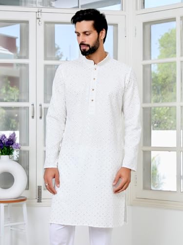 Image of See Designs Men's Full Sleeve Mandarin Collar Embroidered Thread Work Sequinned Rayon Straight Long Kurta - Festive Collection