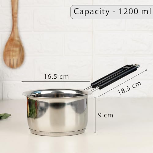 Image of The Earth Store Stainless Steel Sauce Pan 1200 ML | Heavy Gauge Sandwich Bottom Saucepan with Bakelite Handle | Induction & Gas Compatible Tea Pan | Milk Pan