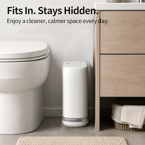 Image of Small Bathroom Trash Can with Lid, 2.3 Gallon Slim Trash Can, Narrow Garbage Can with Hidden Liner & Auto-Smooth Bag Fit, Press-to-Open Lid, White, for Bathroom, Bedroom, Office, Kitchen