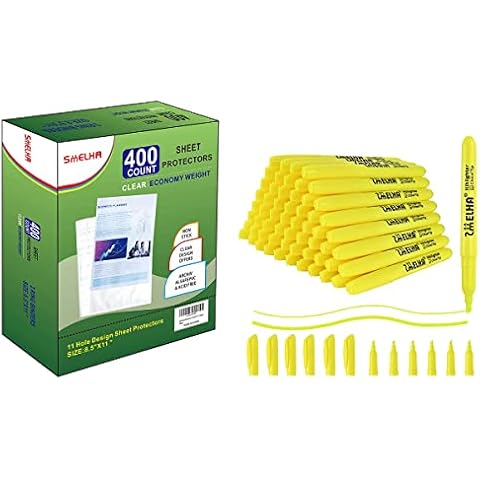 Sheet Protectors,400 Page and SMELHA Highlighters 80 Pack of Fluorescent Yellow Highlighters Chisel Tip Cover