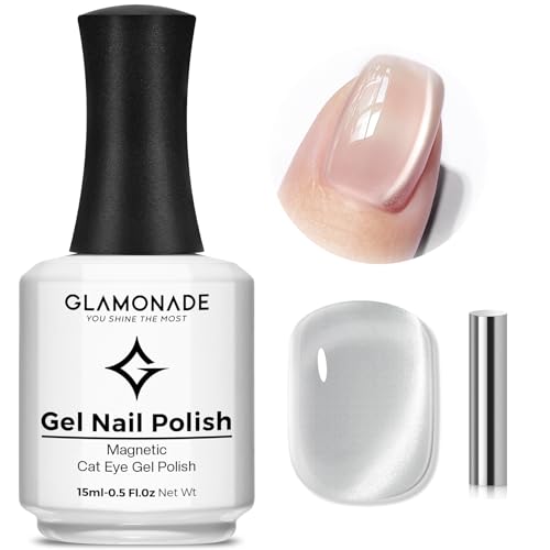 Glamonade Glass Cat Eye Gel Nail Polish: 9D Holographic Sparkly Shimmer Translucent Silver Jelly Clear Glitter Reflective Moonlight Cat Eye Effect with Magnet Salon DIY Crystal Nail Art Beginner