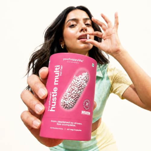 Image of YourHappyLife Hustle Multivitamin For Women - 60 Capsules | 31 Nutrients TruPhase 3-Phase Release | Iron Bisglycinate, Active B12, Folate, Bacopa, CoQ10 | Boost Energy, Focus, Vision