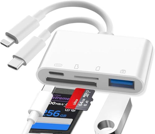 Oliveria Lector Tarjetas SD iPhone, 4 en 1 Adaptador Tarjeta SD iPhone, Lightning to SD Card Reader, Lightning SD Card Reader, Adaptador Camara iPhone, Lector de Tarjetas SD para iPhone 16 15 14