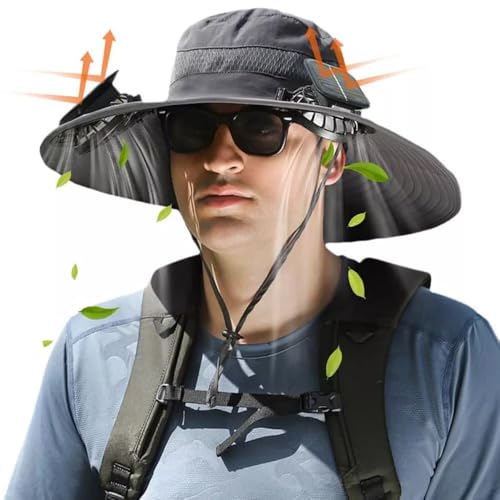 Image of Wide Brim Solar Fan Outdoor Hat, Outdoor Wide Brim Sun Hat with 2 Solar Fan Sun Bucket Hat for Men,UPF50+ Sun Fishing Hat(Gray)