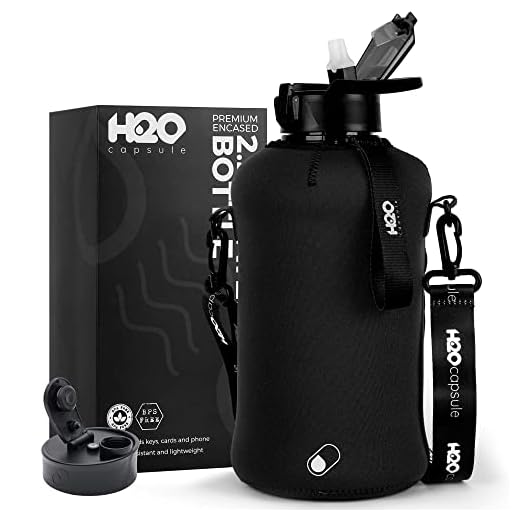 H2O Capsule 2.2L Half Gallon Water Bottle with Storage Sleeve and Covered Straw Lid – BPA Free Large Reusable Drink Container with Handle - Big Sports Jug, 2.2 Liter (74 Ounce) Jet Black