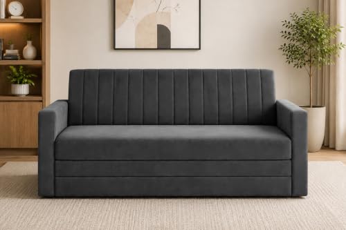Image of 3-Seater Velvet Sofa Cum Bed with Armrests | Modern Convertible Sleeper Couch | Stylish Sofa Bed for Living Room, Bedroom & Office | Black