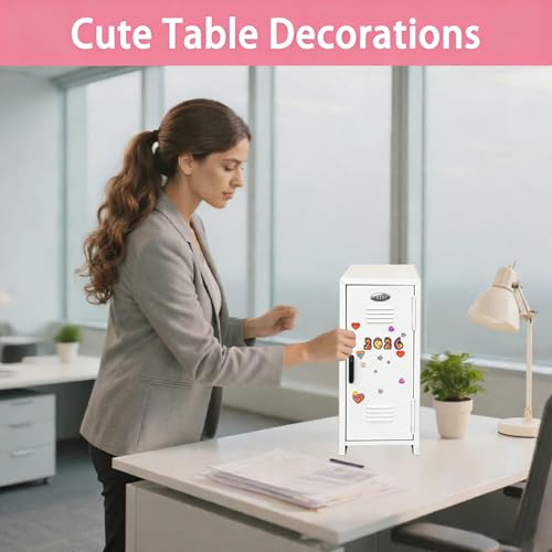Image of Mini Locker with Lock Key Stickers Box Metal Small Locker Mini Locker Miniature Storage Girls Lockbox Desktop Storage Organizer for Cash Money Jewelry Safe Dollhouse Furniture Accessories (White)