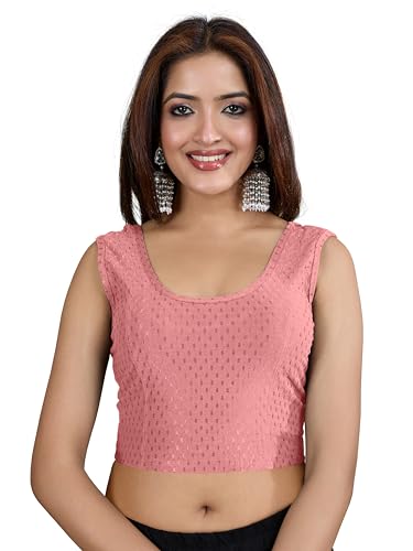 Image of TRENDMALLS Women's Dobby Pure Cotton Elastin Stretchable Readymade Round Neck Sleeveless Blouse Choli Stylish Saree Blouse Ready to Wear