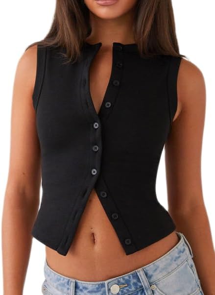 Adoeren Women Button Up Tank Vest Trendy Casual Slim Fit Sleeveless Ribbed Shirt Y2k Going Out Crewneck Tank Tops Summer