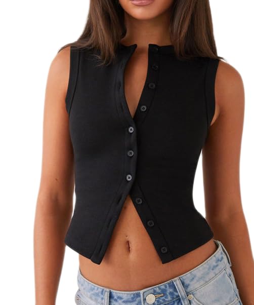 Adoeren Women Button Up Tank Vest Trendy Casual Slim Fit Sleeveless Ribbed Shirt Y2k Going Out Crewneck Tank Tops Summer