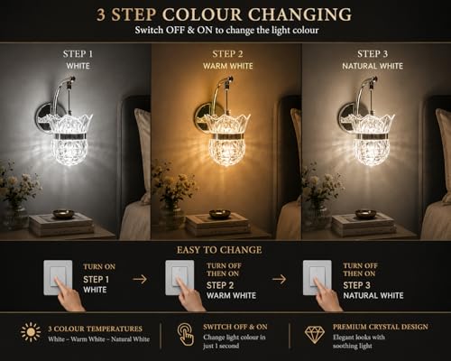 Image of FILLISKA Luxurious Acrylic Crystal Wall Lamp with Adjustable Colour Changing Function, Elegant Finish (Acrylic FrenchGold-61655)(1 Year Warranty)
