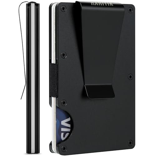 Image of Minimalist Carbon Fiber Wallet for Men, Money Clip Cash Strap Wallet, RFID Blocking Metal Wallet Aluminum Card Holder,Front Pocket Wallet(Matte Black)