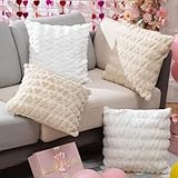 Mixweer 4 Pcs Valentine‘s Day Heart Throw Pillow Covers 18x18 Inches Plush Faux Fur Wool Pillow Covers for Couch Sofa Living Room Decor Couple Present Valentine Gift(White,Beige)