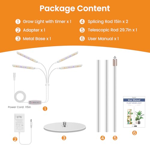 Grow Lights for Indoor Plants, 4-Head Full Specturm Plant Grow Light with 4/8/12/16H Timer, 3 Color Modes, 5 Brightness, 24-68.7in Height Adjustable Floor Growing Lamp for Tall Large Plants