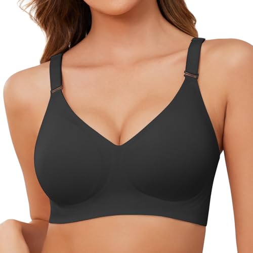 TOMEEK Reggiseno Senza Ferretto da Donna, Cuciture Comodo Reggiseno Scollo a V Bustino con Imbottitura Comfy Bralette Seamless Cinghie Regolabili Base Top Corsetto(Nero Chiaro,M)