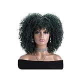 Pelucas rizadas afro rizadas de 16 pulgadas para mujeres negras, peluca corta de aspecto natural con flequillo sin encaje frontal pelo sintético para uso diario agrega volumen al cabello (verde oscuro