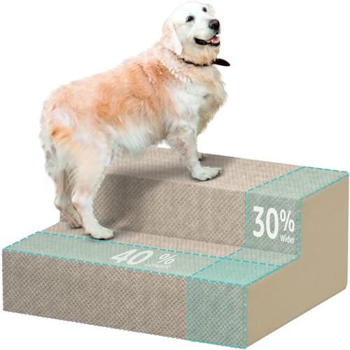 Image of YENING Large Dog Stairs for High Beds - Extra Wide Pet Steps for Large Dogs to Get on Tall Bed 3 Deep Step Cat Ramp for Couch 2 Steps Beige