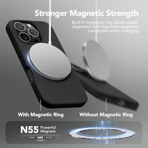 Image of Elzzi Magnetic Silicone Case Compatible with iPhone 16 Pro Max Case, Built-in Magnets, Soft Grip Silicone Mag-Safe Case, Shockproof Camera Protection Cover (Black)