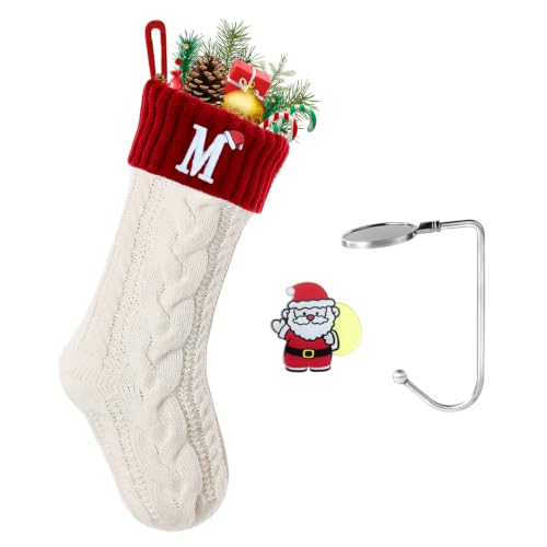 guccde Christmas Stockings with Initials, Personalized Embroidered Monogram 18 Inches Knitted Christmas Stockings Fireplace Xmas Stockings for Kids,Family Holiday Party Decoration White Red Letter M