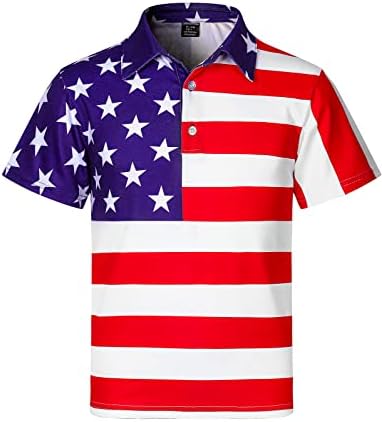 Boys American Flag Patriotic Golf Polo 4th of July Stars Stripes Pieced Short Sleeve Button Down Shirt, Red, Medium