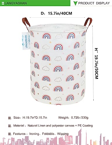 Image of Round Laundry Basket Collapsible Storage Hamper Cloud Rainbow | Waterproof Canvas Foldable Baskets with sturdy Handles Multi-scene Organizer for Home Play Bedroom Gift Bin