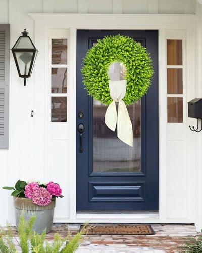 Image of DDHS 28 inch Boxwood Wreath, Artificial Large Spring Wreaths for Front Door with Yellow Sash can DIY Shaped, Summer Wreaths for Hanging in the Shop, Farmhouse, Roof Green Everyday Wreath Home Decor