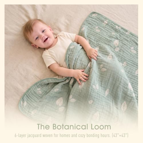 Image of Botanical Muslin Baby Blanket - Made with Organic Cotton, Sage Green Leaf Jacquard for Gender Neutral Nursery, Baby Registry Gift, 43x43 Inches (Terra Sage Green)