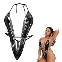 NSKRKOW Leather Wetlook Women’s Lingerie Faux Leather Halterneck Lingerie One Piece Backless Leather Dress Bodysuit Nighterdres Clubwear Underwear