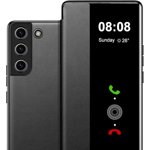 Housse Samsung S21 FE noire premium clapet miroir en cuir PU et polycarbonate