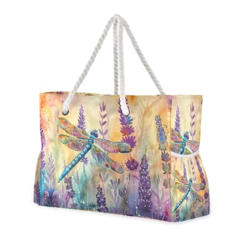 Watercolor Dragonfly Lavender Beach Bag for Women Large Beach Tote Bag with Zipper for Travel Vacation2