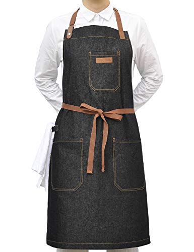 Dingsay Trendy Denim Chef Apron With Pockets, Mens Womens Professional Kitchen Bib Black Apron For Cooking Grill Bbq Server, With Towel Loop And Adjustable Neck Straps #TOP3