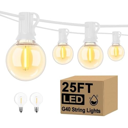 Abeja 25Ft LED Outdoor String Lights, Patio Globe String Lights with 27 Shatterproof LED Clear Bulbs(2 Spare), Hanging Patio String Lights for Backyard Decor Bistro Party Yard Decor- White Wire