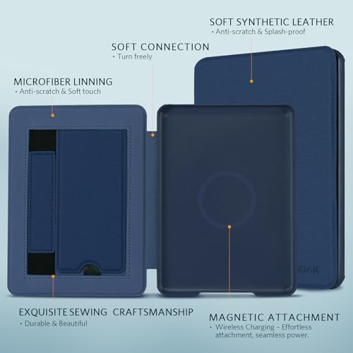 Image of CoBak Lightweight Stand Case for 7 inch 12th Gen 2024 and Colorsoft with Right Hand Strap - Compatible with iPhone MagSafe, for Samsung /Belkin /Anker Wireless Charging Pads, Dark Blue