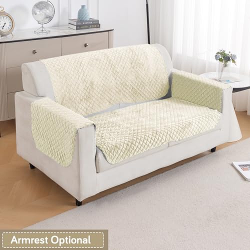 Image of HOKIPO Quilted Sofa Cover 2 Seater for Seat & Back, Washable Kids & Pet Friendly Sofa Cover, 'Quilt Classic' Beige (IN-926-BEIGE*2)