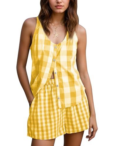 Image of Burtell Summer Gingham 2 Piece Lounge Sets For Women Button Down Sleeveless Tank Tops Boxer Shorts Sets Matching Pajama Sets Yellow