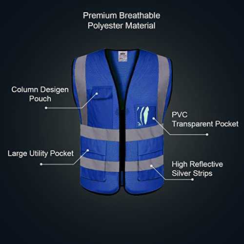 1 Pack Custom Safety Vest Logo Customize Class 2 High Visibility Safety Vests Reflective With Pockets And Zipper Breathable Mesh Security Vest (Blue,L) #TOP4