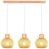 iDEGU 3 Focos Lámpara Colgante de Bambú y Madera Retro Lámpara de Techo 13cm Mini Pantalla Estilo Bohemio Iluminación de Techo E27 Vintage Luz Colgante para Comedor Salón Dormitorio Cafetería (Barra)