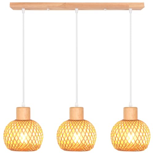 iDEGU 3 Focos Lámpara Colgante de Bambú y Madera Retro Lámpara de Techo 13cm Mini Pantalla Estilo Bohemio Iluminación de Techo E27 Vintage Luz Colgante para Comedor Salón Dormitorio Cafetería (Barra)