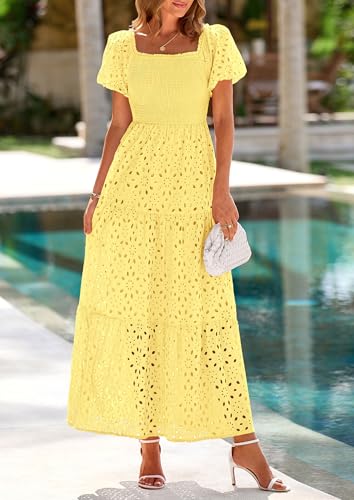 Image of PRETTYGARDEN Summer Dresses for Women 2026 Eyelet Square Neck Puff Sleeve Smocked Wedding Guest Maxi Dress with Pockets