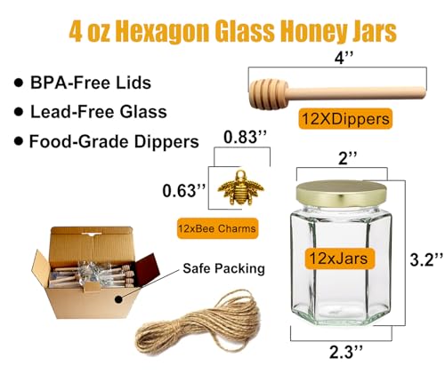 Adabocute 4oz Hexagonal Honey Jars - Glass Honey Jars with Gold Lids, Wooden Dippers, Bee Charms and Jutes - Hexagon Jars for Baby Shower, Wedding and Party Favors, 12 Pack by Adabocute - Image 2