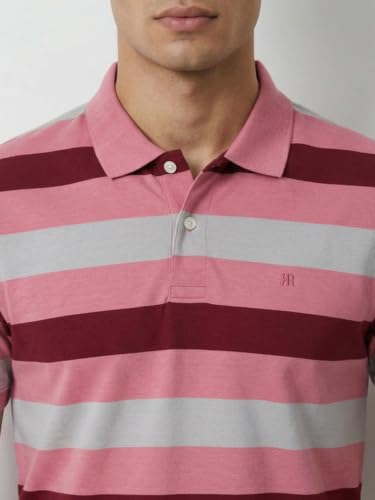 Image of Raymond Men Modern Fit Stripe Pattern Pure Cotton Polo Neck Half Sleeve Casual T-Shirt