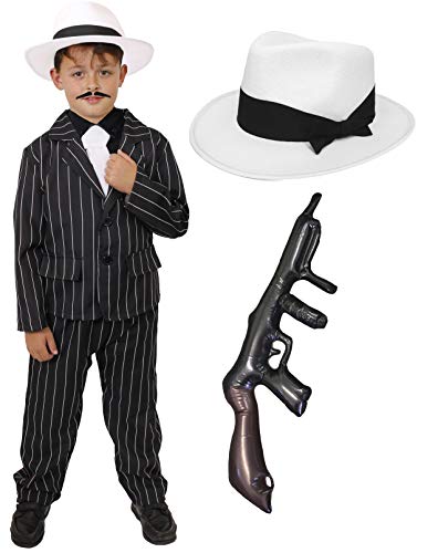 Déguisement de gangster des années 1920 pour enfant - Costume à rayures noires + cravate blanche + chapeau trilby blanc + pistolet gonflable - Pour garçons (7-9 ans)